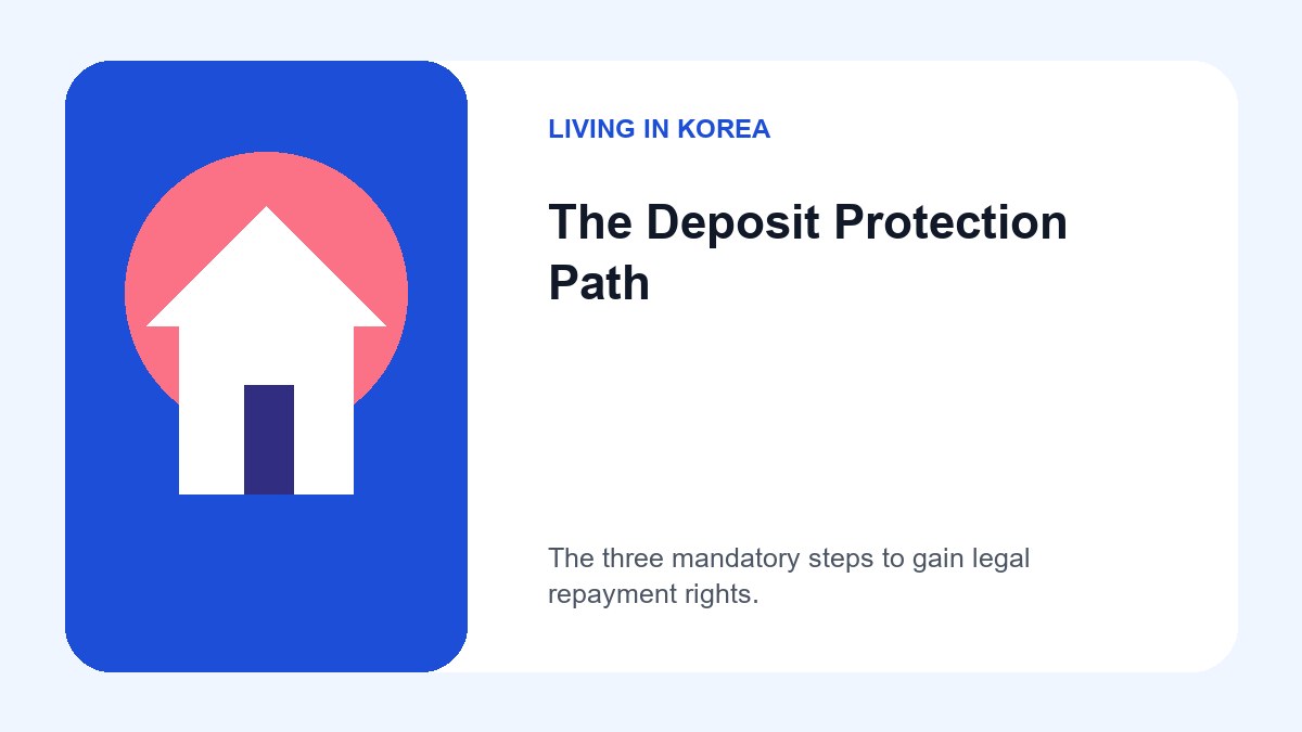 Protect Your Housing Deposit in Korea: Jeonse and Wolse Guide 3 A flowchart showing Physical Occupancy and Residence Report leading to Opposing Power, which then combines with the Fixed Date to create Preferential Repayment Rights.