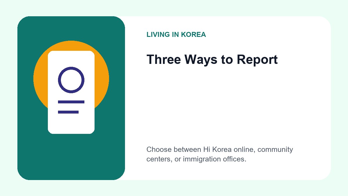 How to Report Change of Address for Foreigners in Korea: 2026 Guide 2 A flow chart showing the three options for reporting an address change: Online via Hi Korea, In-person at a Community Center, and In-person at an Immigration Office.