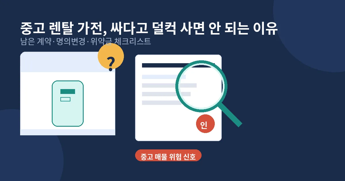 중고 렌탈 가전 계약서와 제품을 돋보기로 확인하는 플랫 일러스트 — 남은 계약·명의변경·위약금 체크리스트