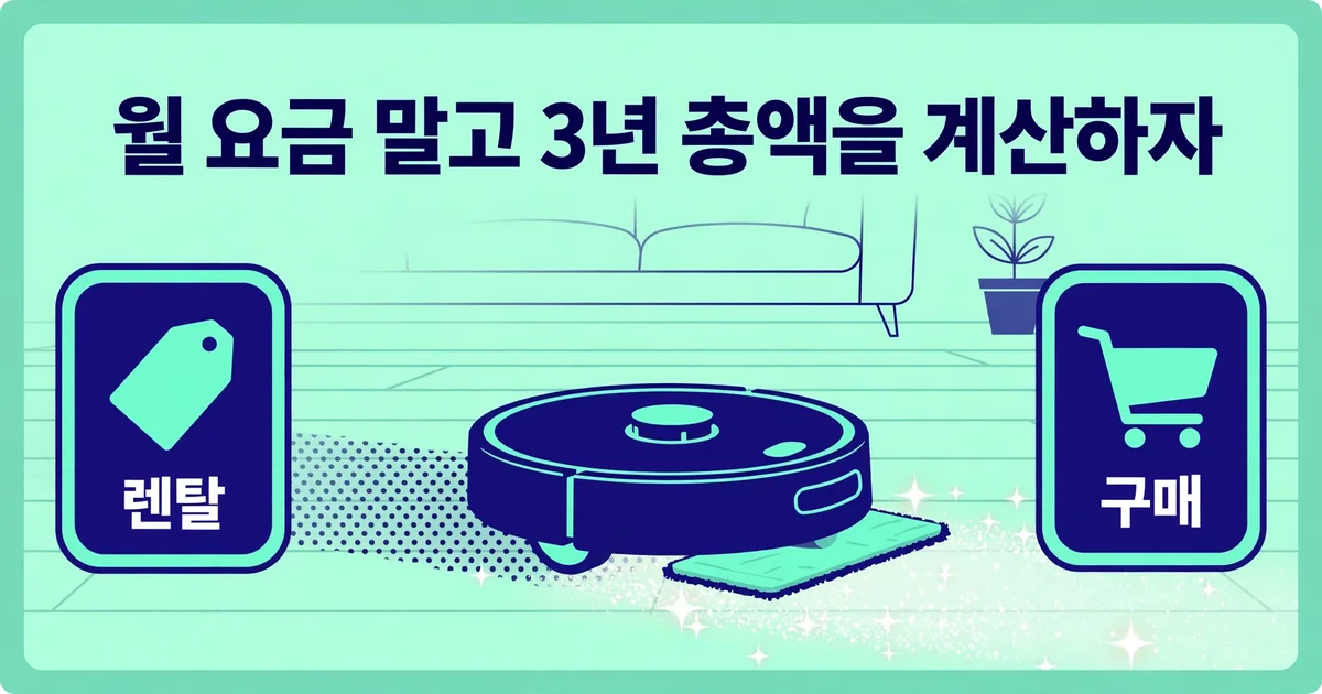 로봇청소기 렌탈과 구매를 비교하는 일러스트. 월 요금이 아닌 3년 총액을 계산하라는 문구와 로봇청소기 그림
